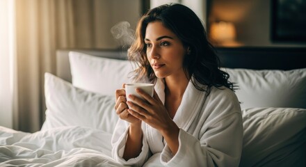 Woman in robe, coffee, thoughtful