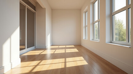 Sunlit Room with Hardwood Floors and Large Windows Offering a Serene Interior View