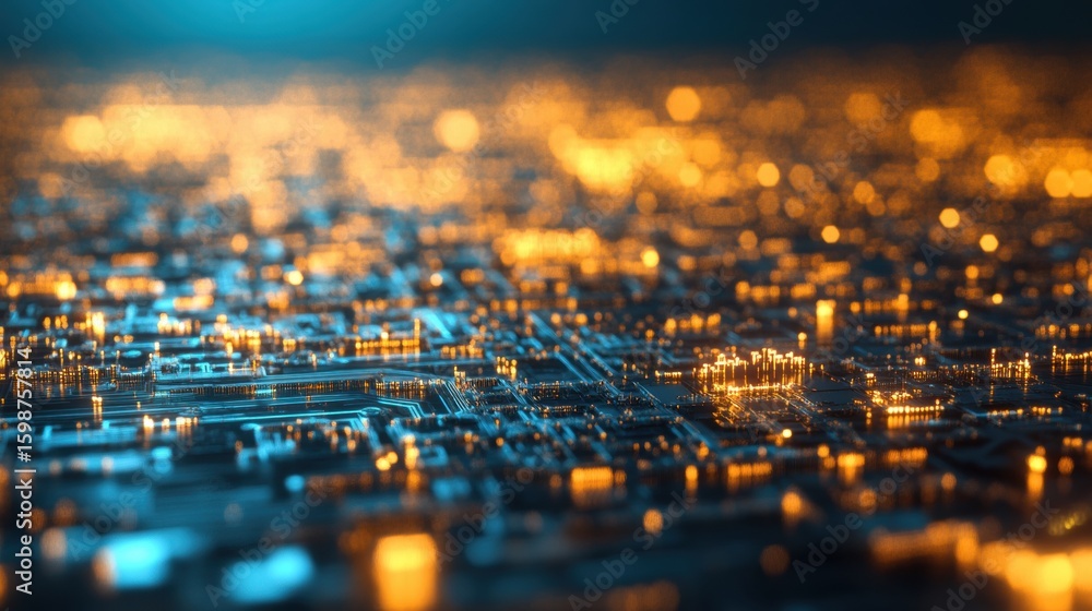 Poster visual depiction of a glowing circuit board at night with illuminated components