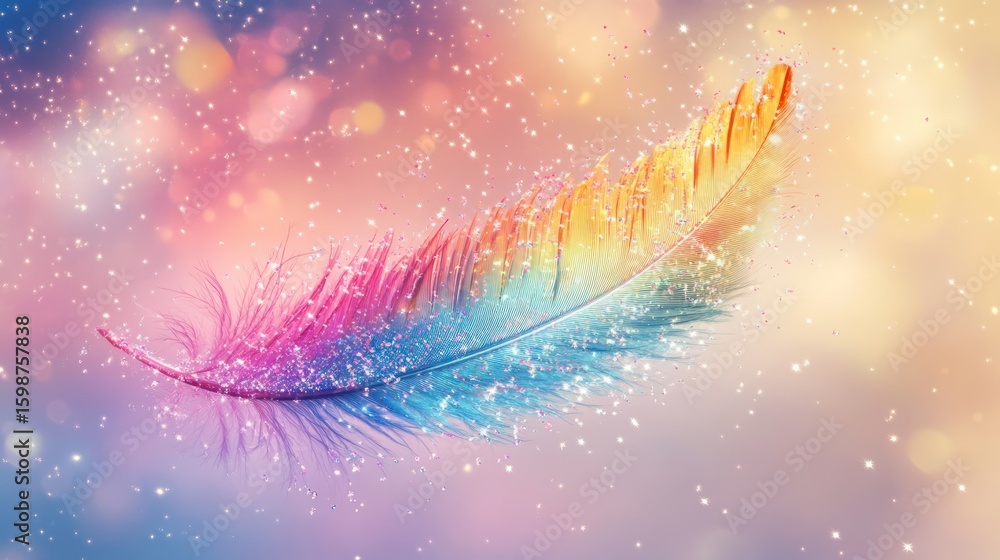 Poster a vibrant rainbow feather floats in a soft bokeh background