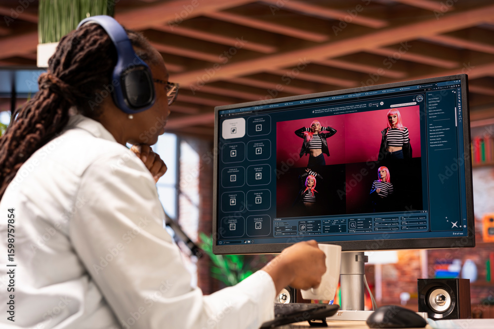 Poster woman in home office using ai software turning text prompt into photos, drinking coffee and listenin