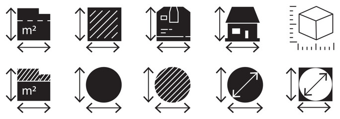 Height and width vector icon set black filled and outlined style.