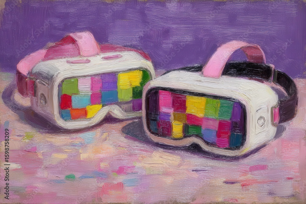 Poster vibrantly designed virtual reality goggles in captivating colors emanating a playful essence geared 