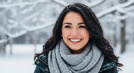 Woman smiles warmly in snowy park