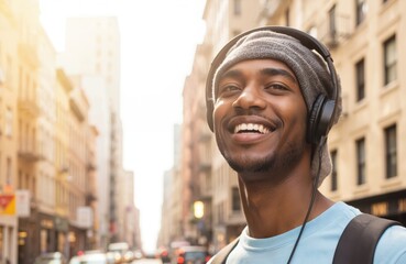 Young black man smiles listening to music through headphones on a sunny New York street. Urban lifestyle, travel and tourism, city landscape, outdoor portrait capture enjoyment.