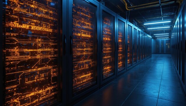 Futuristic data center corridor with glowing servers, intricate circuit patterns. Rows of modern server racks emit orange light, creating high-tech tunnel effect. Blue neon lights illuminate walkway,