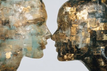 The intricate union of human and machine intelligence highlighted through detailed profiles showcasing circuitry and textures representing emotional connections and technological advancements