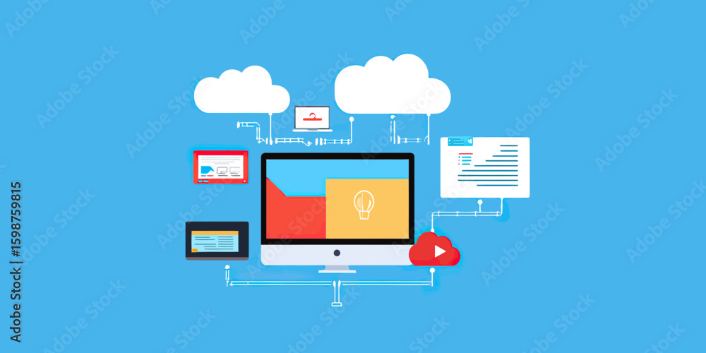 Poster cloud computing web development concept with computer monitor, tablet, cloud icons, data streaming, 