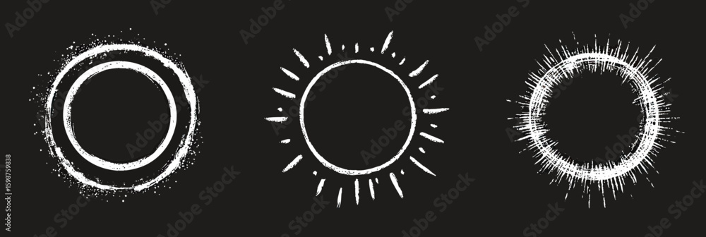 Poster set of three hand drawn chalkboard circle badges with rustic chalk grunge style brush scribble lines