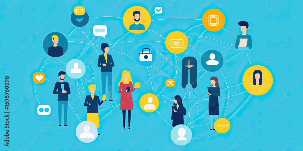 Poster flat minimalist vector illustration of diverse people connecting and communicating through mobile ap