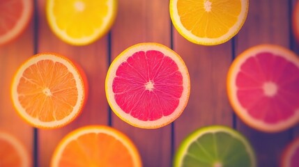 Colorful citrus slices arranged on a wooden surface for a vibrant display