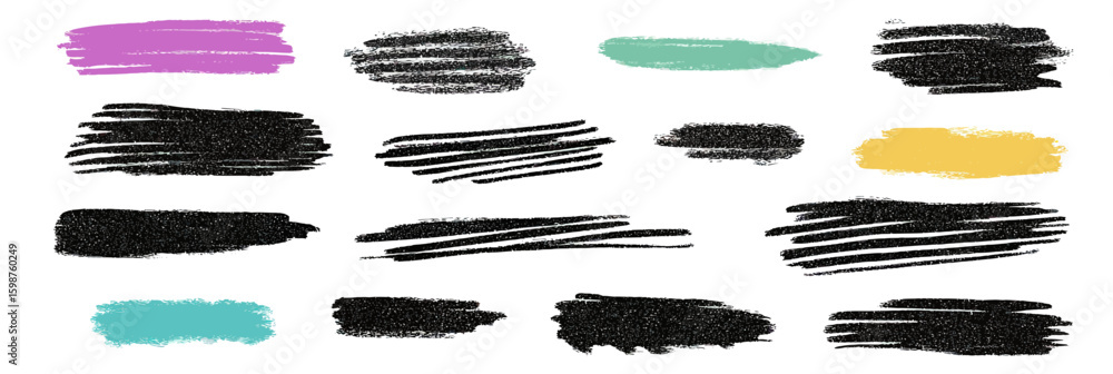 Poster set of colorful chalk and crayon marker scribble strokes and brush underlines with rough textured ha