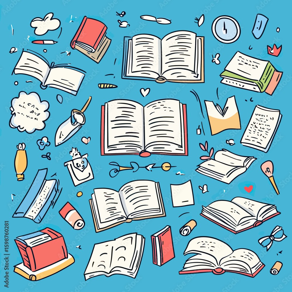 Poster hand drawn doodle set of open and closed books with reading and writing elements on blue background 