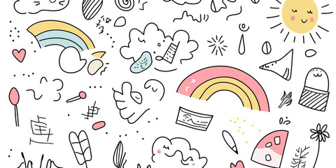 Whimsical hand drawn doodles with rainbows clouds sun smiling faces birds hearts stars and flowers cute playful children style vector illustration