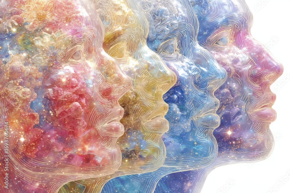 Poster multicolored faces representing diverse emotions and identities set against a cosmic backdrop illust