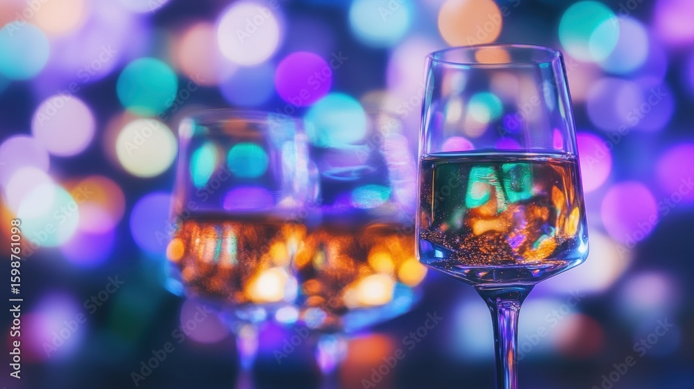 Poster sparkling glasses with colorful bokeh lights in a festive setting