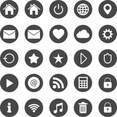 Collection of white icons on dark grey circles representing common digital functions and symbols
