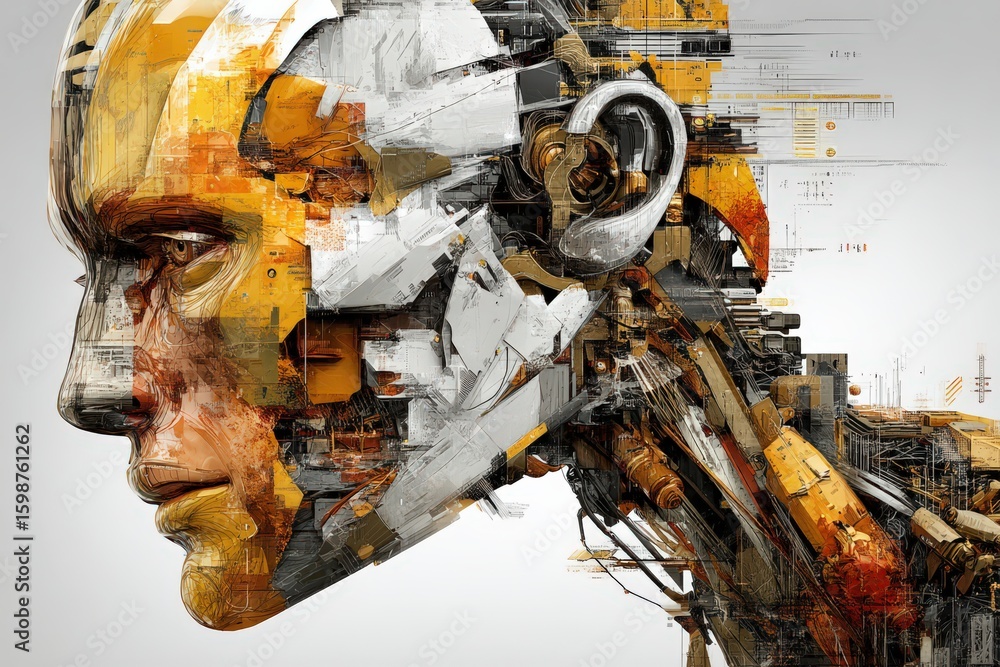 Poster intricate fusion of human expression and advanced technology showcasing the harmonious interplay bet
