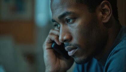 Man engaged in phone conversation, focused expression, listening intently. Holds smartphone to ear, serious demeanor. Pro communication, client interaction, business discussion. Concentrated