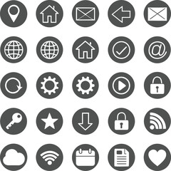 Collection of white line art icons on dark grey circular backgrounds symbol graphic
