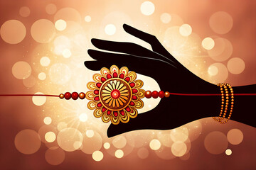 Traditional Indian Hand Tying Rakhi on Brother’s Wrist with Elegant Silhouette Against Bokeh Festive Background for Raksha Bandhan Celebration Concept