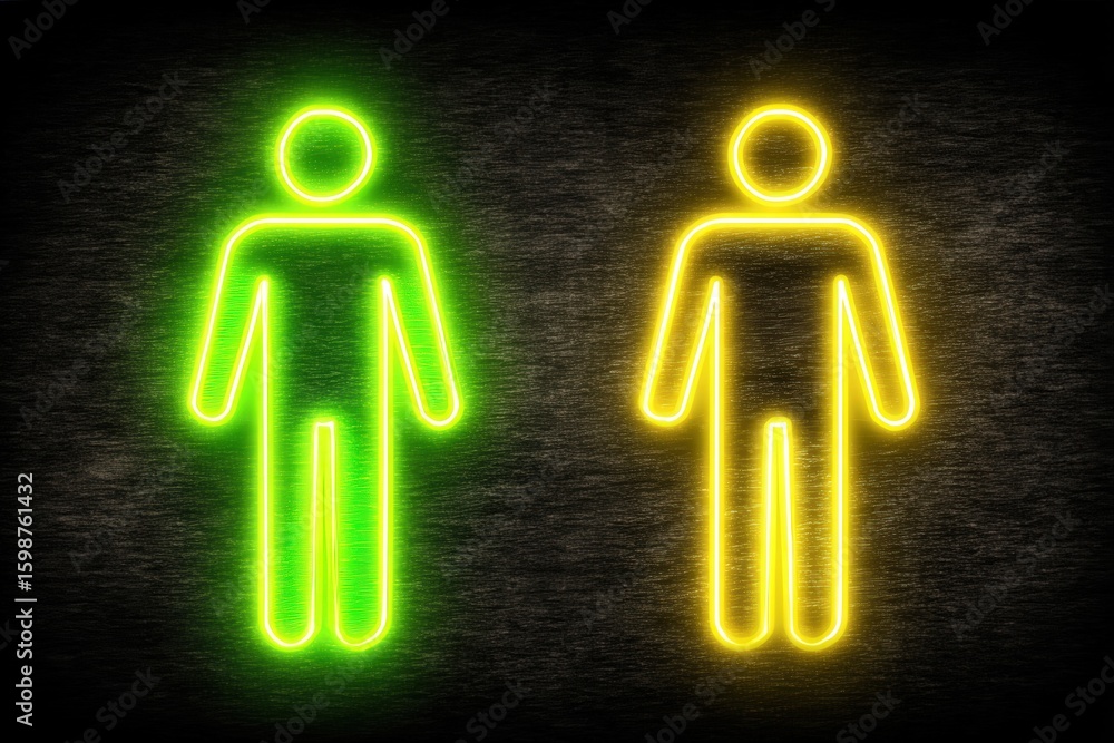 Poster neon indicators of gender representation in a dark setting emphasize modern identity dynamics showca