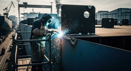 Worker welds ship hull section