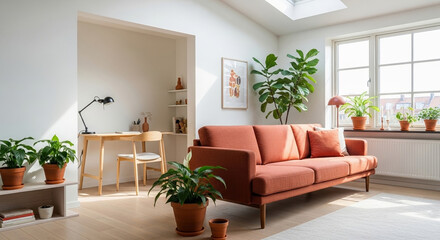 Bright and Airy Living Room with Coral Sofa, Desk, and Abundant Indoor Plants for Serenity