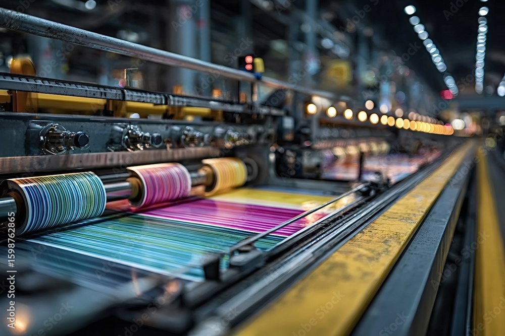 Poster modern printing machine processing colorful paper rolls in a printing house, showcasing the automate