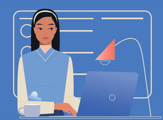 A flat-style digital illustration of a young woman at a laptop with a blue futuristic background. Abstract tech symbols and modern digital workspace atmosphere.