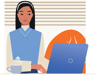  A digital illustration of a woman working on a laptop with an autumn landscape visible through the window. Warm seasonal colors and a calm working environment.