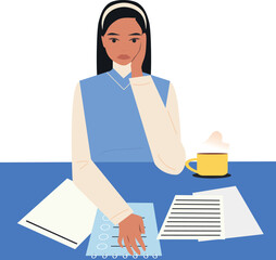 Flat-style illustration of a young woman feeling exhausted while working with documents, leaning her head on her hand, portraying emotional fatigue and burnout.