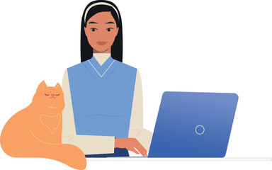  A flat-style digital illustration of a young woman working on a laptop at home while her cat sits nearby. Cozy and peaceful remote work atmosphere.