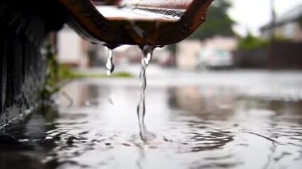 Rainwater Dripping From A Gutter On A Rainy Day Creates A Calming And Reflective Scene - Powered by Adobe