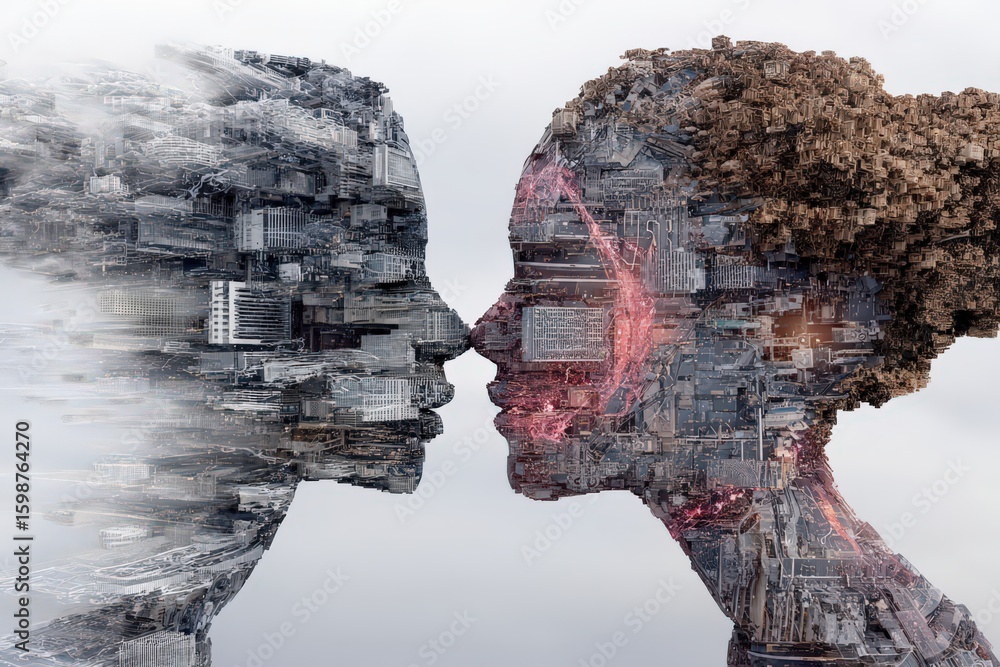 Poster two ethereal figures merging in a digital embrace representing the intersection of humanity and tech