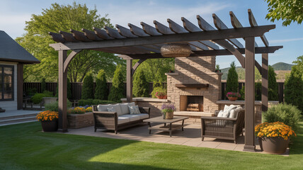 Fototapeta premium Elegant Outdoor Living Space with Pergola Fireplace and Lush Green Lawn on a Sunny Day