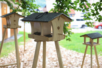 Wooden bird feeder hanging on a tree branch.