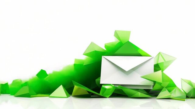 A white envelope surrounded by green triangles on a white surface