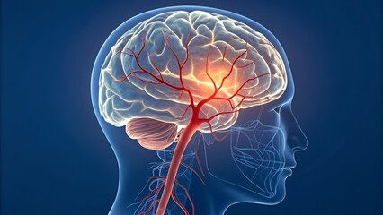 Detailed medical illustration of a brain stroke, featuring a highlighted affected area along with disrupted neural connections &mdash; visually representing impaired blood flow and its neurological impact f