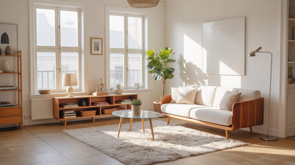 Sunlit Living Room Interior Design Mid-Century Modern Furniture Cozy Rug Natural Light Decor