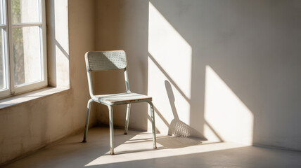 Vintage Metal Chair by a Window with Sunlight Creating Shadows on a Textured Wall