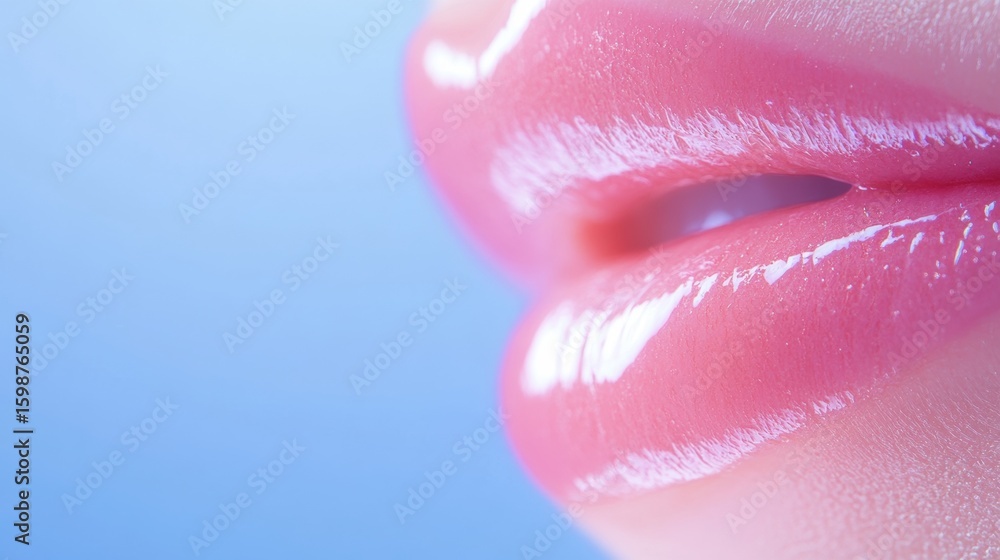 Poster glossy pink lips with a smooth texture on a soft blue background setting