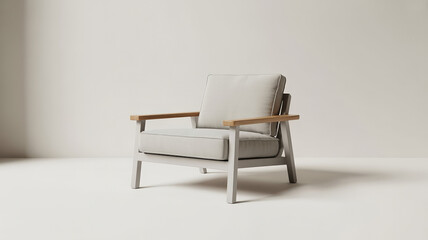 Obraz premium Stylish Armchair with Light Gray Cushions and Wooden Armrests on a Neutral Background