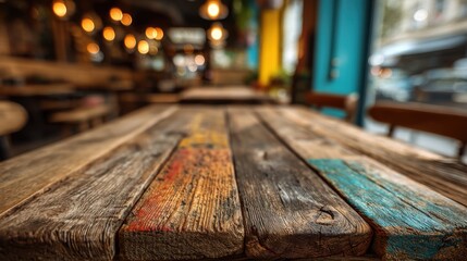 Warm light fills a cozy cafe, highlighting a rustic wooden table with vibrant colored planks. The inviting atmosphere encourages relaxation and socializing during the afternoon rush.