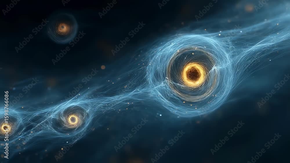 Poster golden atoms generating energy flow in a swirling motion, surrounded by a network of connections, em