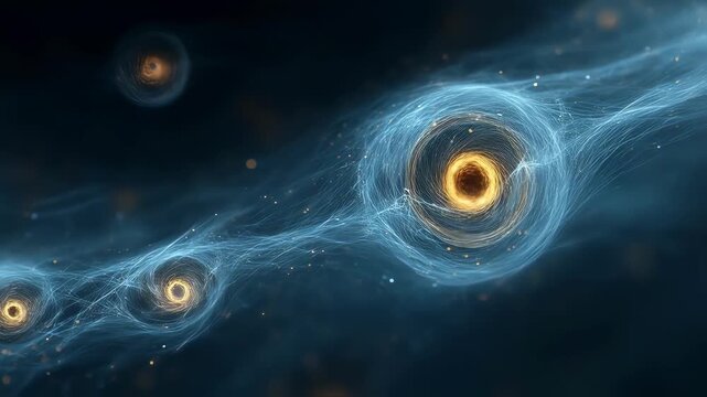 Golden atoms generating energy flow in a swirling motion, surrounded by a network of connections, embodying a futuristic concept of quantum physics and technological innovation