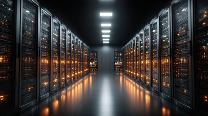 A data center showcases rows of server racks with orange and white lights, providing a high-tech atmosphere. The environment is sleek and modern, emphasizing advanced technology at work.