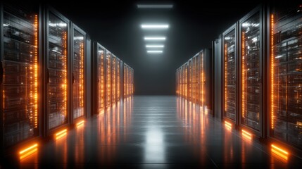 Inside a state-of-the-art data center, rows of server racks are illuminated with orange lights, highlighting a high-tech, organized environment early in the morning.