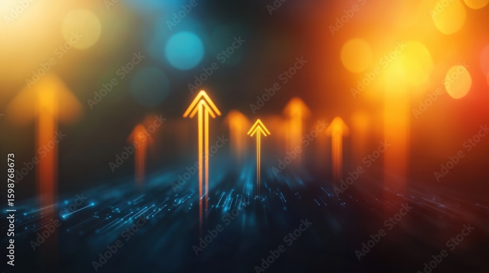 Poster bright arrows pointing upwards with a glowing background on a dark surface