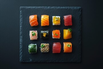 Obraz premium A minimalist, modern food composition with deconstructed sushi elements arranged in a visually striking, geometric pattern on a black slate plate